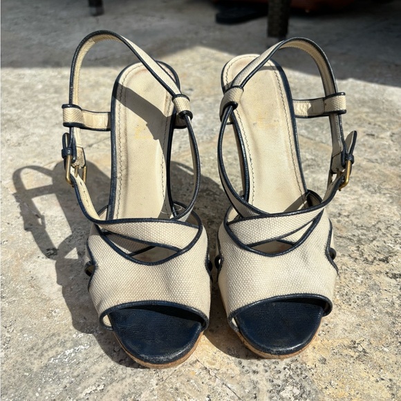 YSL Yves Saint Laurent DEAUVILLE Wedge Cork Canvas Slingback Sandals, size 38 - Picture 5 of 14